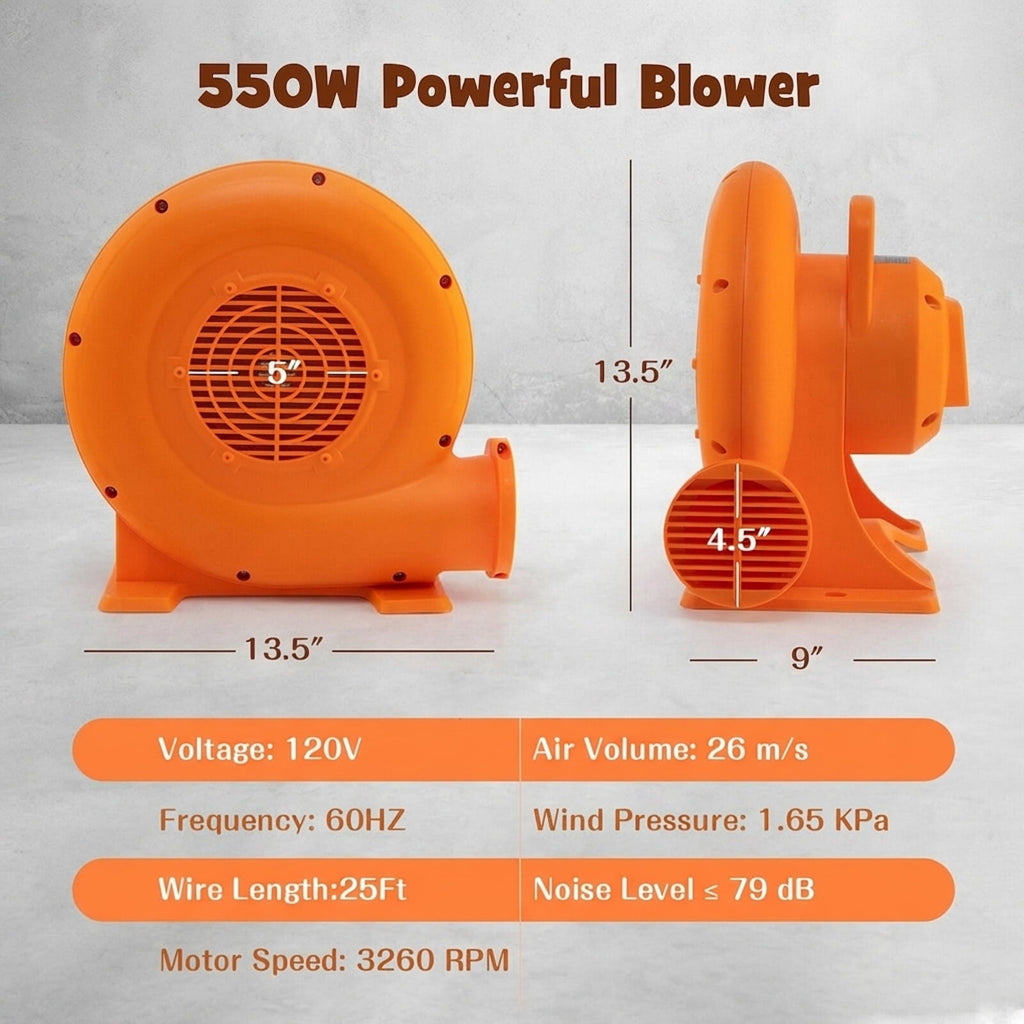 Redsmile 550W Air Blower (0.7HP) for Inflatables with 25 feet Wire and GFCI Plug - Powerful Inflation Fan for Bounce House Castle Water Slide