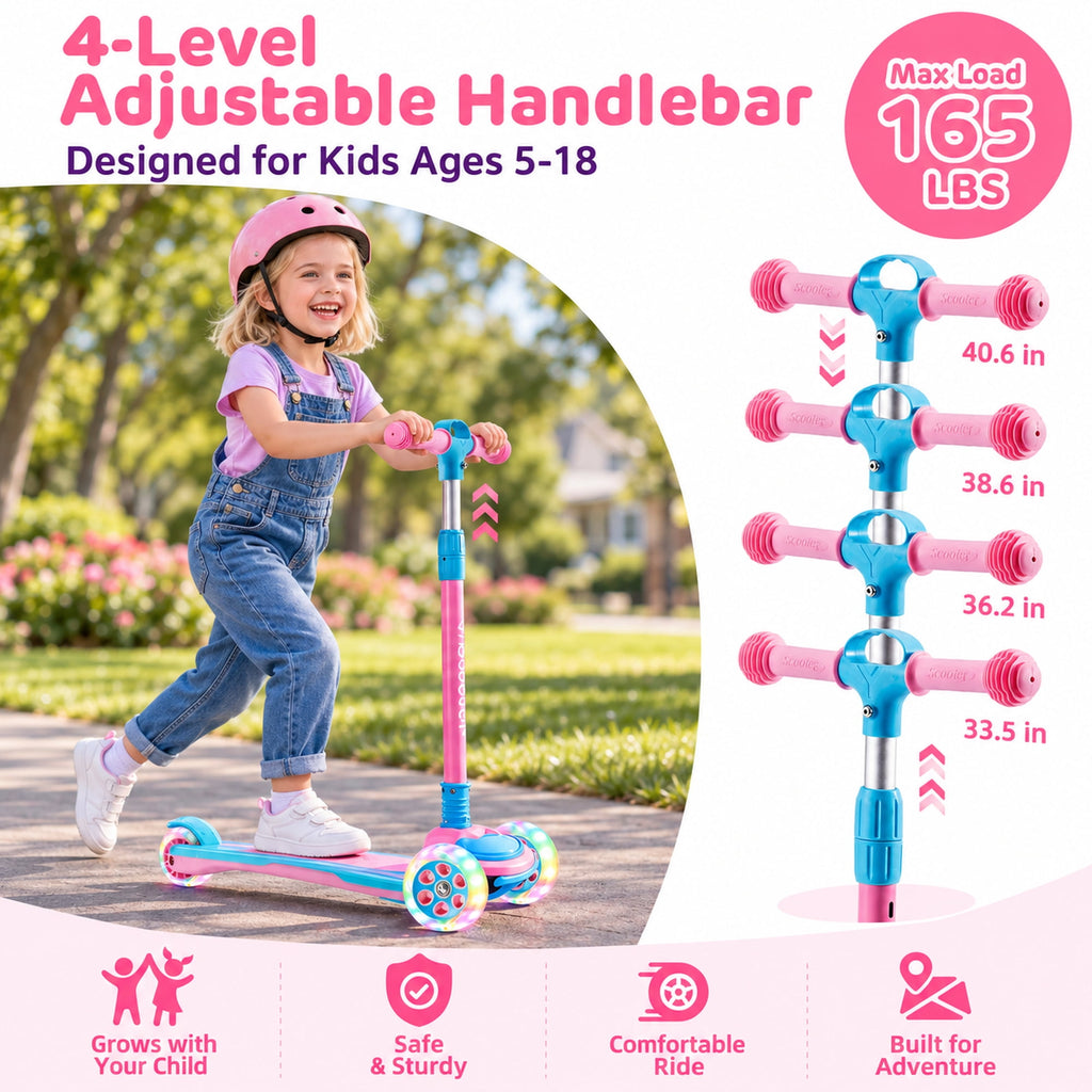 Redsmile Kids 3-Wheel Folding Kick Scooter with Light-Up Wheels, Pink and Blue