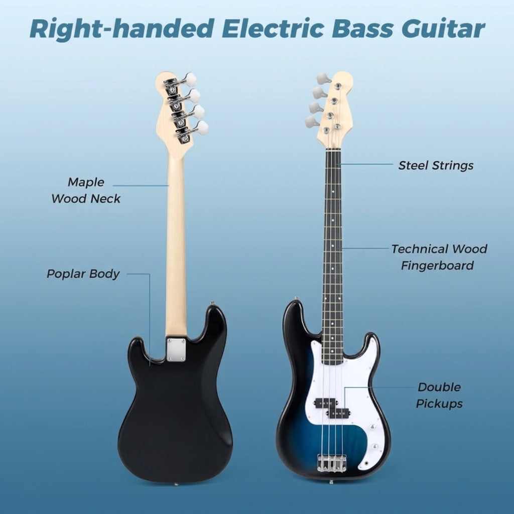 Redsmile 45.5 Inch 4 String Electric Bass Guitar with Double Pickups and Gig Bag for Beginners, Blue