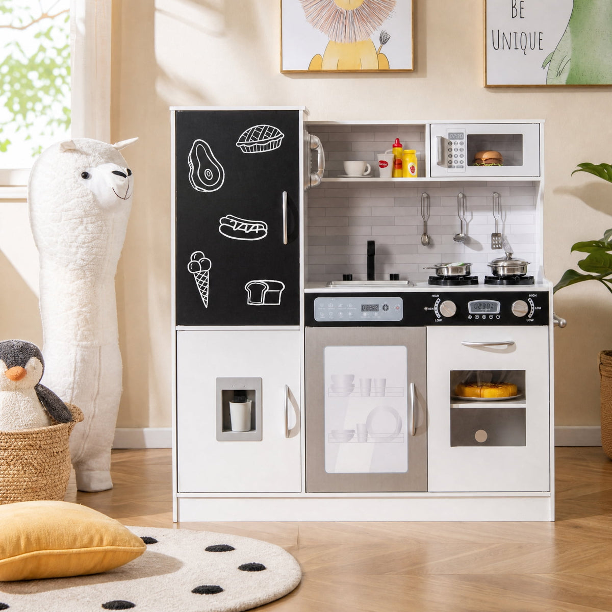Redsmile Pretend Play Kitchen Set for Kids 3+ Years, Toddler Kitchen Playset with Light-Up Stove, Sound Water Dispenser, Dishwasher, Oven, Chalkboard and Utensils, Christmas Gift, Silver