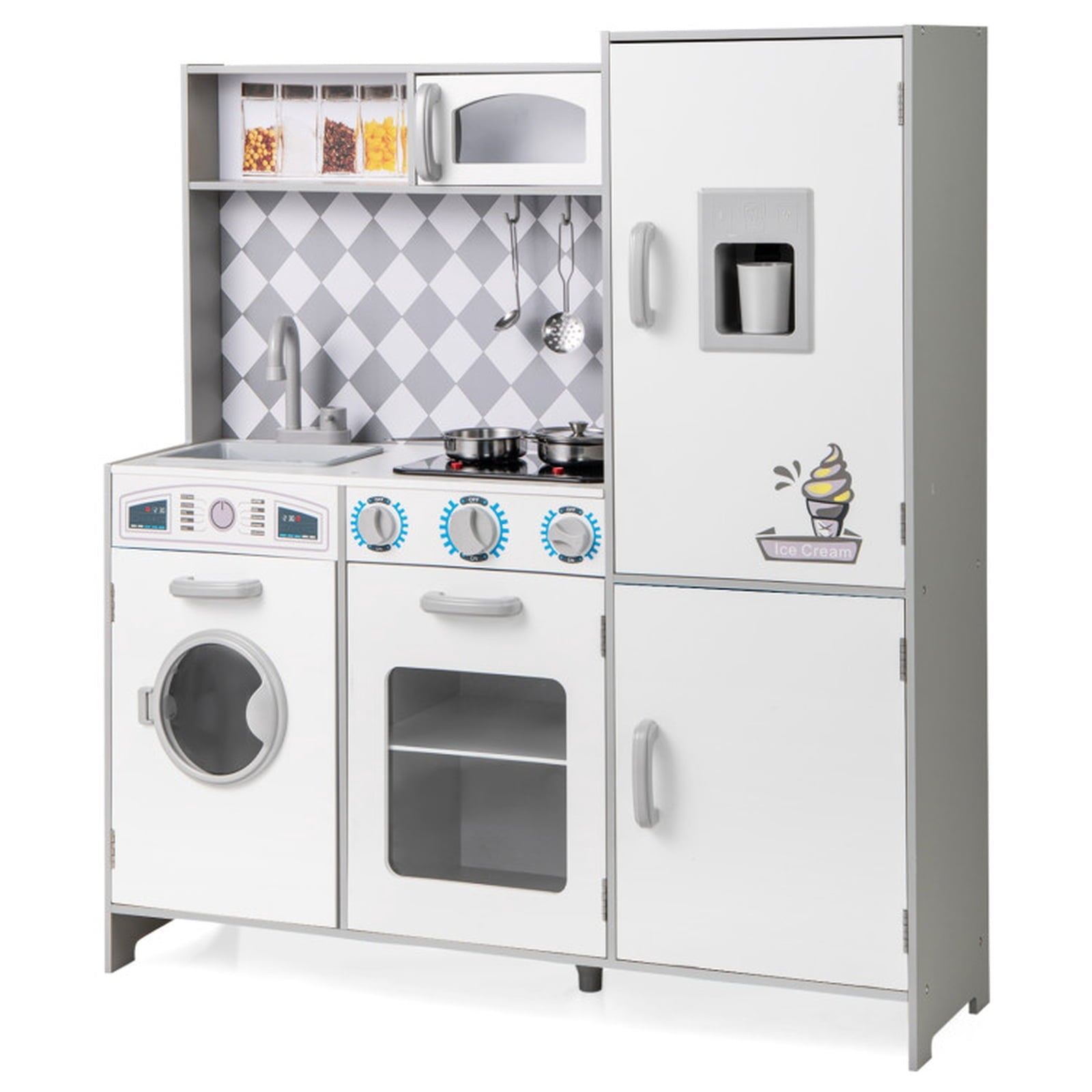 Redsmile Play Kitchen,Wooden Kids Kitchen Playset Washing Machine, Oven, Ice Maker with Realistic Lights and Sounds,Pretend Play Toy Kitchen Gift for Girls Boys Ages 3-10,White