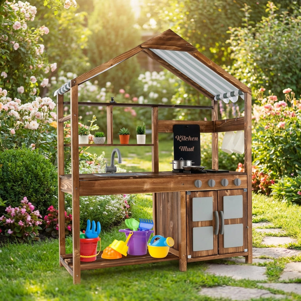 Redsmile Mud Kitchen for Kids Outdoor, Solid Fir Wood Play Kitchen with Canopy Sink Faucet 4 Stoves and Chalkboard, Toddler Outdoor Playset for Backyard Garden, Ages 3-7, Natural