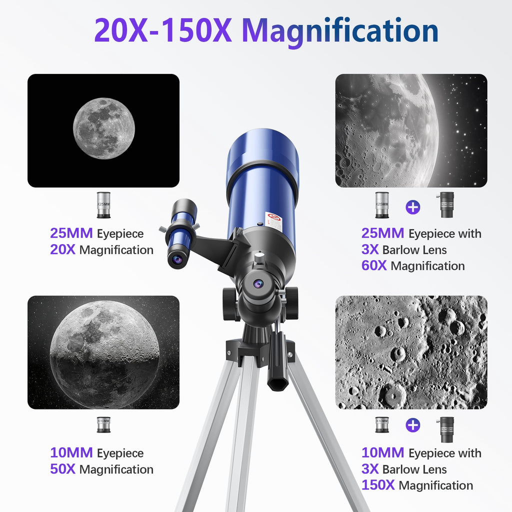 Redsmile Telescope for Adults Astronomy Beginners80mm Aperture 500mm Refractor Telescope with AZ Mount Tripod and 2 Eyepieces20x to 50x Magnification for Moon ViewingBlue