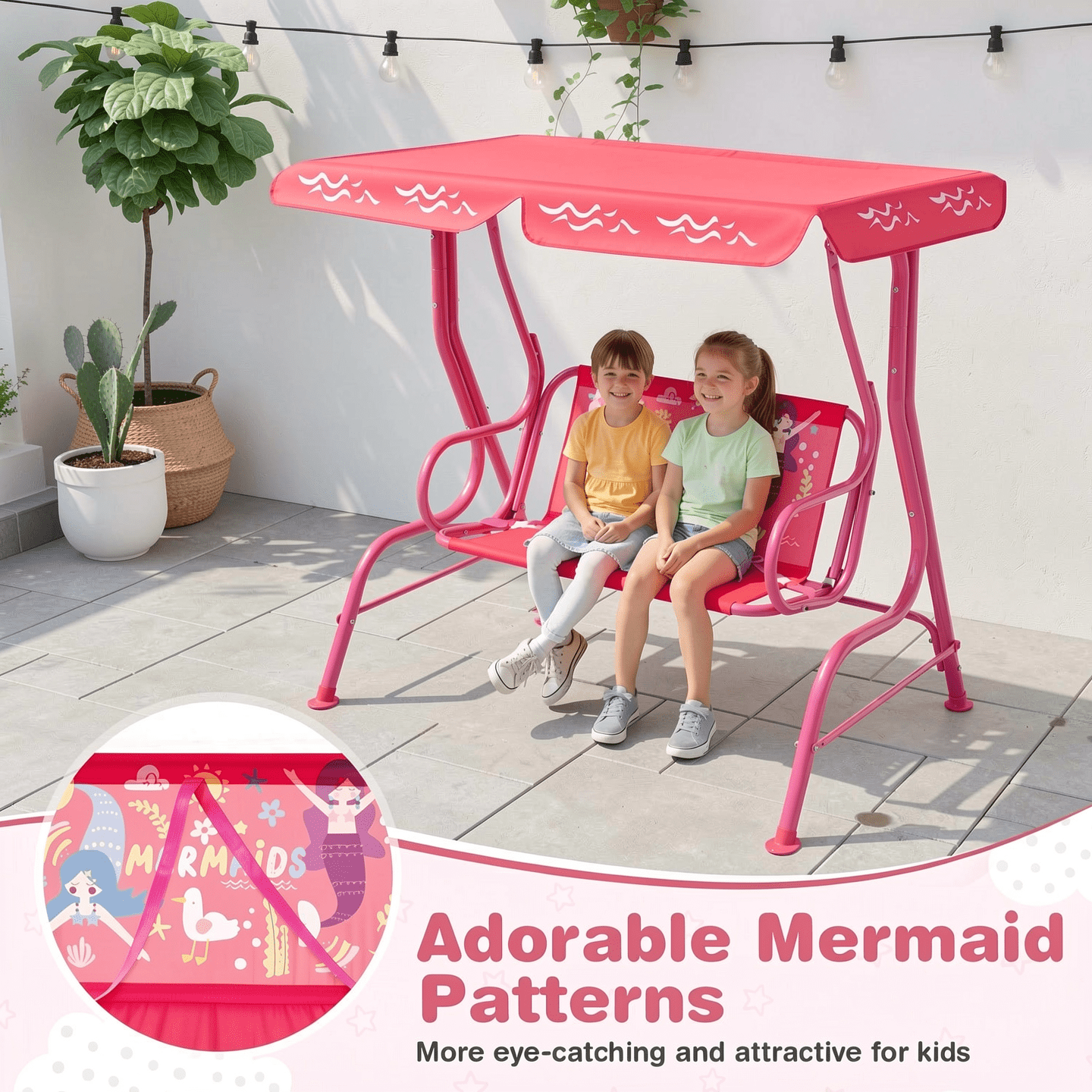 Redsmile 2-Seater Kids Patio Swing with Metal Stand and Adjustable Canopy - Pink - Backyard Play - Outdoor Fun