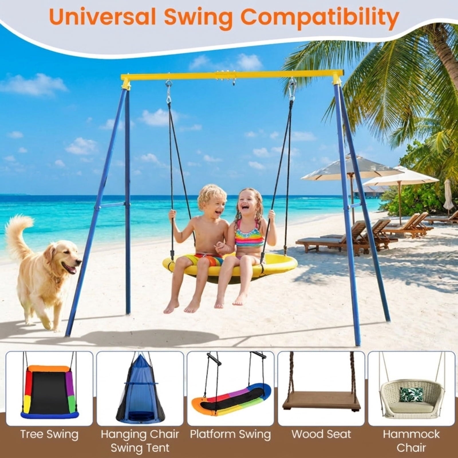Redsmile A-Frame Swing Stand for Backyard, Extra Large Heavy Duty Steel Swing Frame Holds 550 lb, Freestanding Outdoor Swing Set Stand, Blue and Yellow
