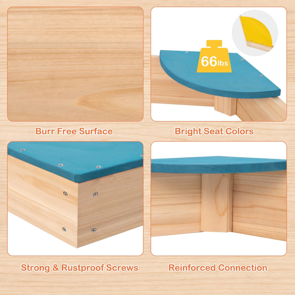 Redsmile Outdoor Solid Wood Sandbox with 6 Built-in Fan-shaped Seats for Kids Backyard Playground Summer Fun