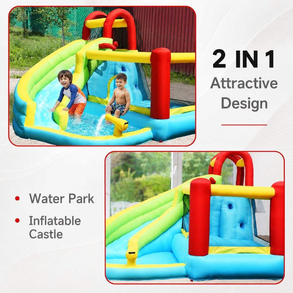 Redsmile 6-in-1 Inflatable Bounce House with Slide, Climbing Wall and Basketball Hoop, Backyard Water Slide for Kids, Splash Pool with Sprinkler for Boys Girls (Without Blower)