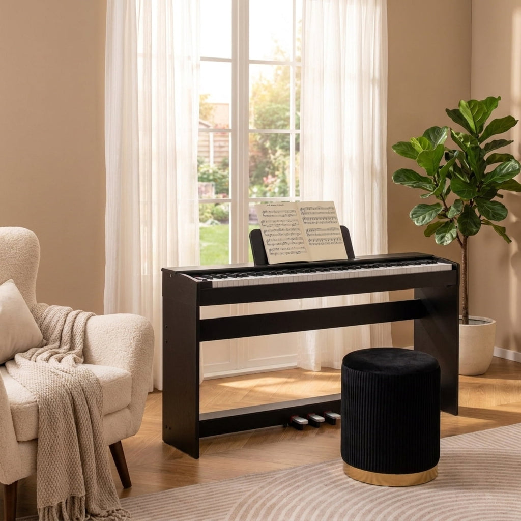 Redsmile 88 Key Hammer Action Weighted Digital Piano with Furniture Stand 128 Tones and Dual Keyboard Mode for Home Practice, Black