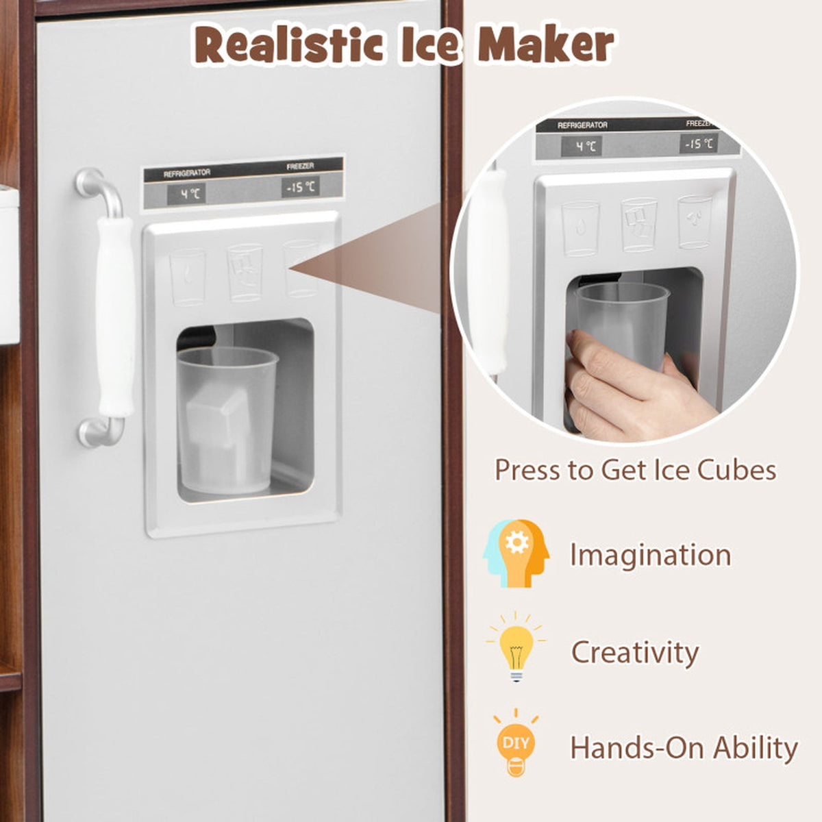 Redsmile Modern Kids Play Kitchen with Lights and Sounds, Wooden Pretend Play Kitchen Set with Ice Maker Chalkboard Fabric Drawers and 13 Accessories, Toddler Playset for Ages 3+, Coffee