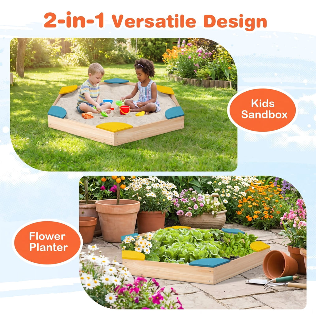 Redsmile Outdoor Solid Wood Sandbox with 6 Built-in Fan-shaped Seats for Kids Backyard Playground Summer Fun