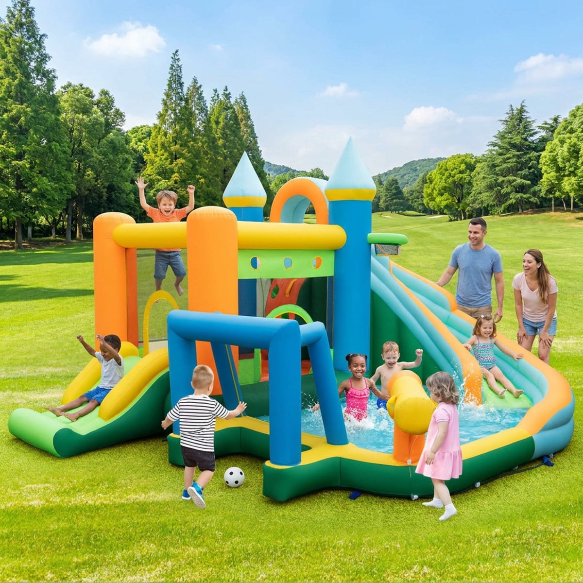 Redsmile Inflatable Water Slide Bounce House with Dual Slides and Splash Pool, Backyard Water Slide with Basketball Rim, Soccer Goal and Ball Pit for Kids Ages 3-10 (Without Blower)