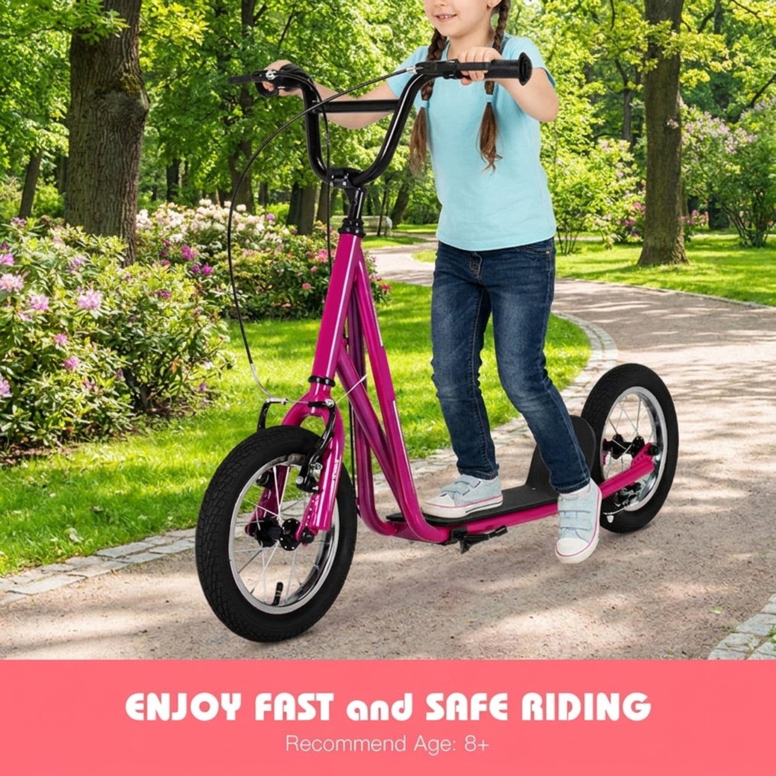 Redsmile Kids Scooter with 12 Inch Air Wheel, Height Adjustable Kick Scooter Holds 165 lb for Big Kids and Teens, Pink
