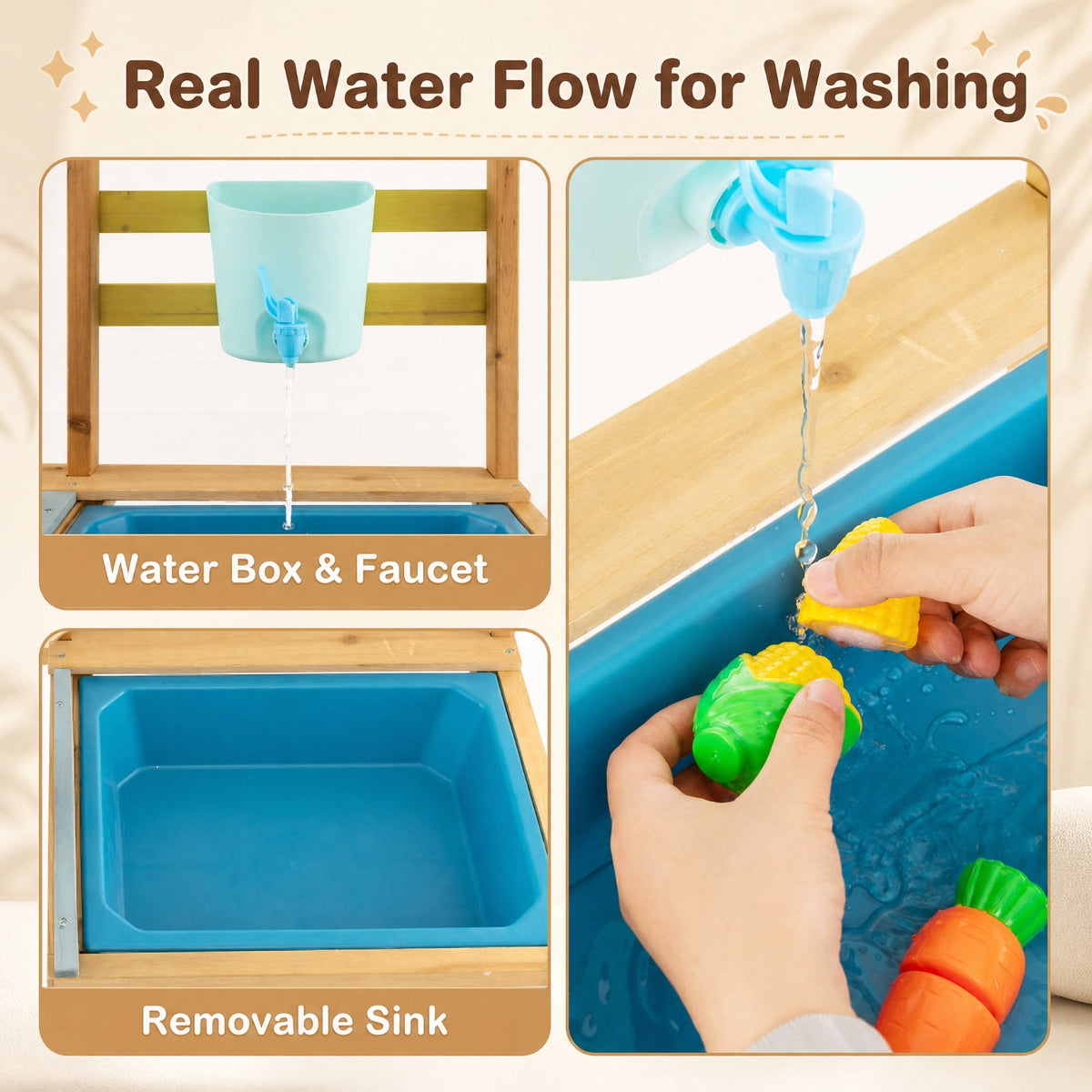 Redsmile Outdoor Mud Kitchen for Kids with Working Faucet and Water Box, Fir Wood Play Kitchen with Removable Sink Stovetop Storage Shelves and Hooks, Toddler Backyard Playset, Natural