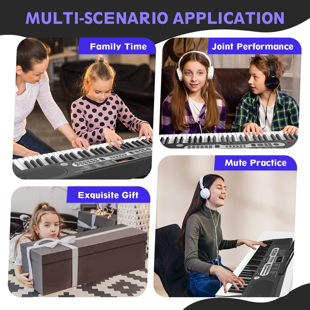 Redsmile 61 Key Piano Keyboard with Lighted Keys Stand Bench Microphone Headphone and Built-in Speakers for Beginners, Black