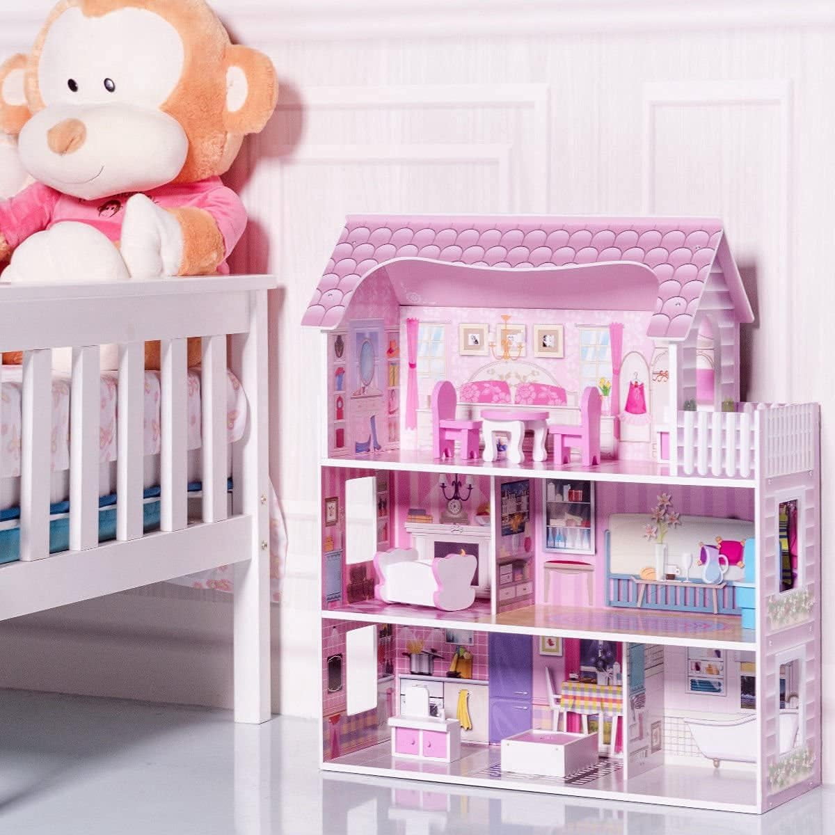 Redsmile Wooden Dollhouse with warm LED Lights, 3-Story Pretend Play Doll House with 16 Furniture and Accessories, DIY Princess Playhouse, Creative Gift for Girls