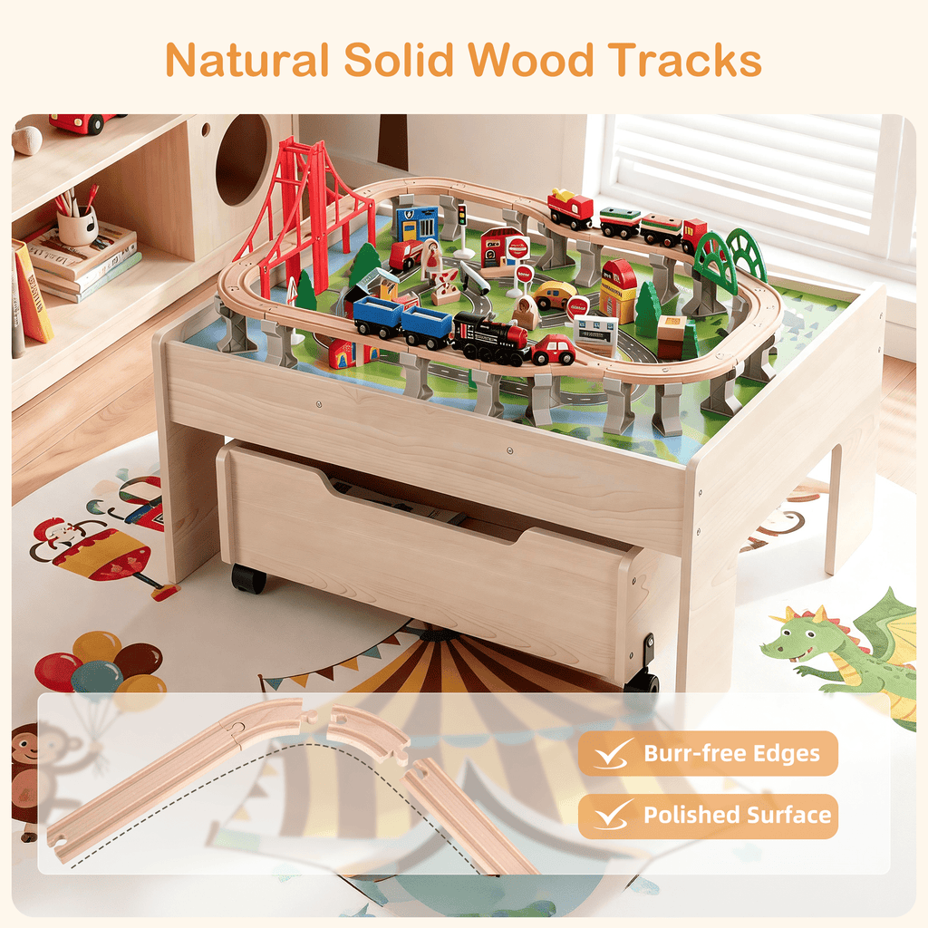 Redsmile Train Table with Electric Train,100 Pcs Multicolor Wooden Kids Activity Table with Rolling Storage Drawer for Gaming, Drawing, Reading,Creative Toy Set for Boys and Girls