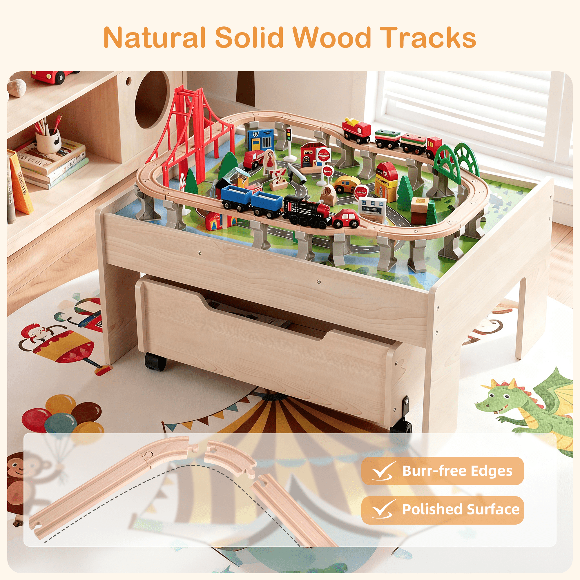 Redsmile Train Table with Electric Train,100 Pcs Multicolor Wooden Kids Activity Table with Rolling Storage Drawer for Gaming, Drawing, Reading,Creative Toy Set for Boys and Girls
