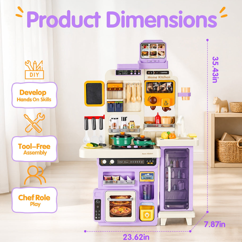 Redsmile Play Kitchen Set with Interactive Menu, Steam Stove, Ice Coffee Maker, Lights, Sounds Music, Apron Set and Food Cards,Pretend Play Toys Gifts for Kids,Purple