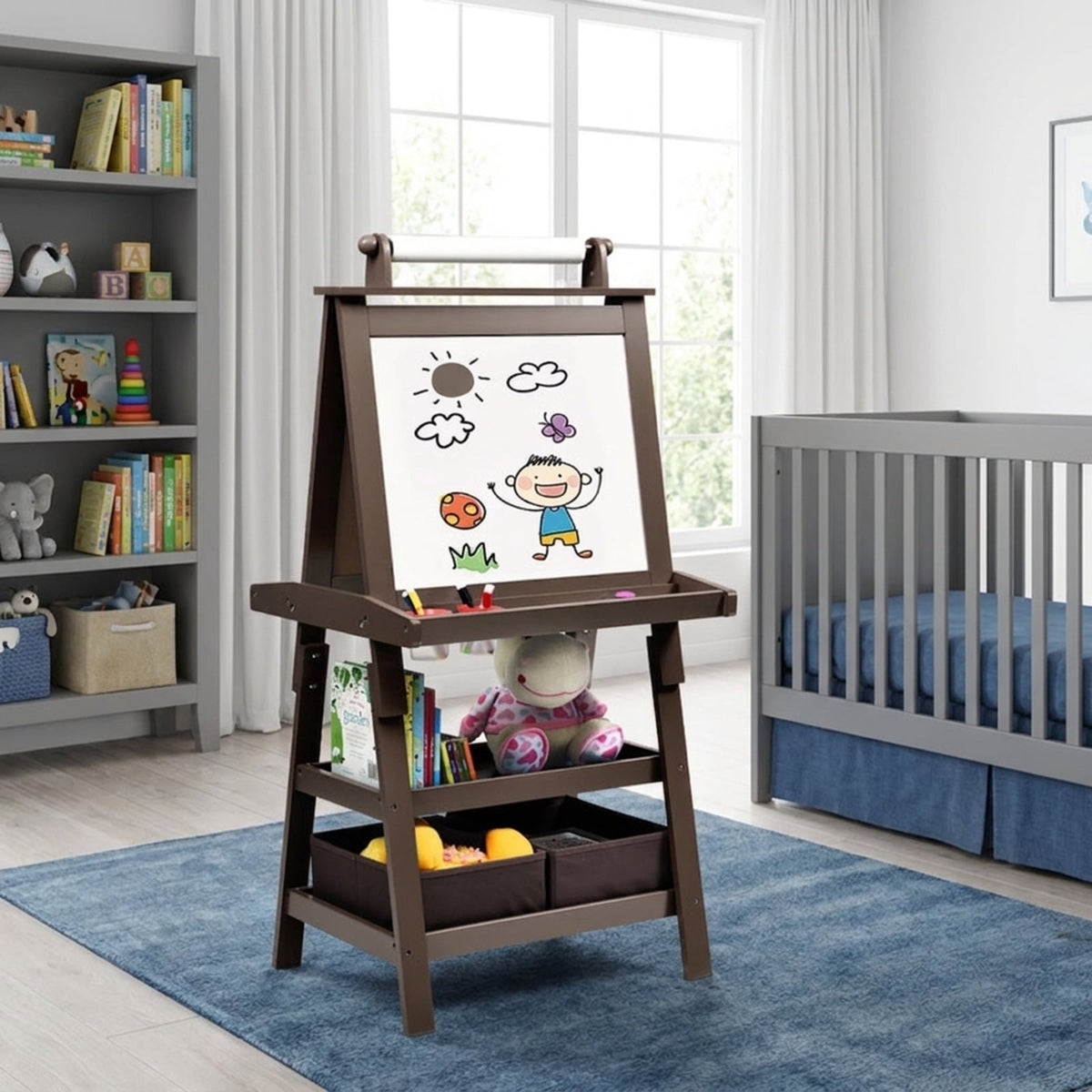 Redsmile 3-in-1 Kids Art Easel for Toddlers 3+ Years, Double-Sided Standing Easel with Whiteboard, Chalkboard and Paper Roll, Storage Shelves, Fabric Bins and Paint Cups, Christmas Gift, Brown