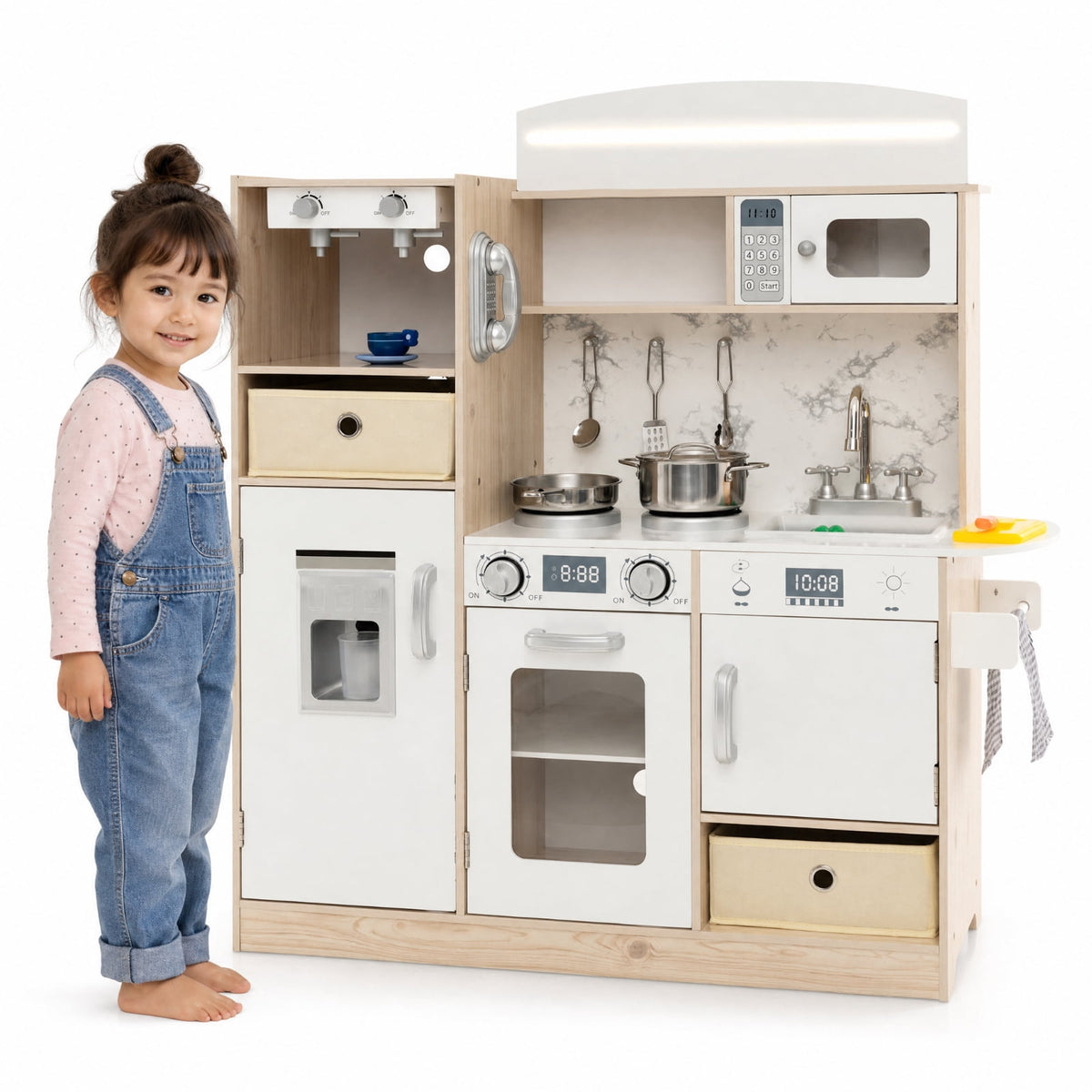 Redsmile Kids Play Kitchen Set for Toddlers 3+ Years, Pretend Play Kitchen Playset with Remote-Adjustable LED Lights, Working Coffee Maker, Ice Maker, Removable Fabric Bins and Sink, White