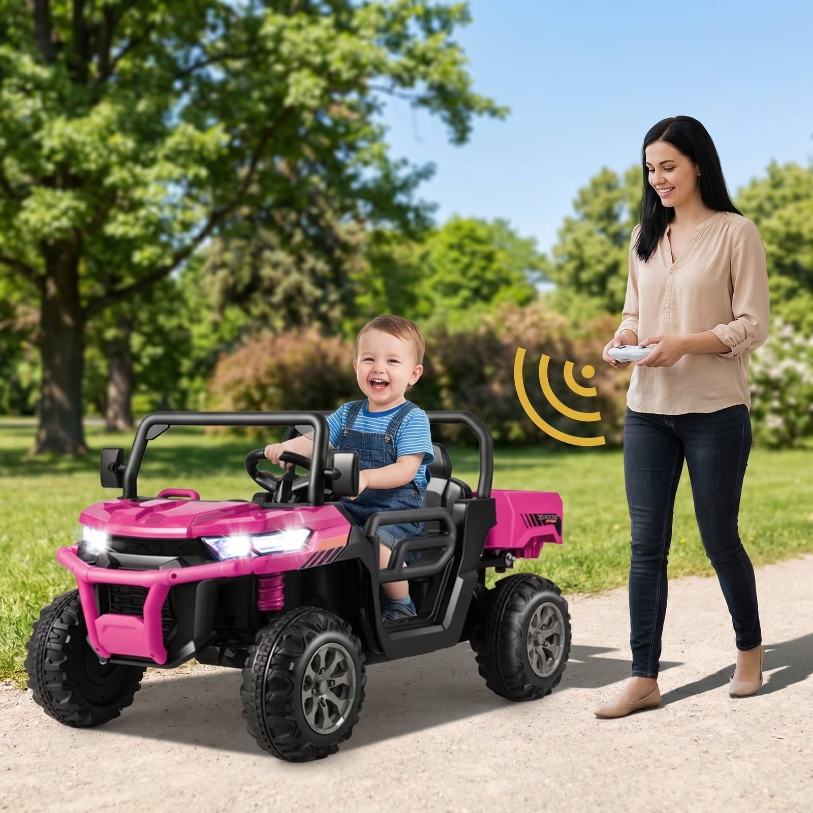 Redsmile 12V 2-Seater Kids Ride On Dump Truck with Working Dump Bed, Detachable Shovel, 2.4G Parental Remote, Spring Suspension, Music USB, Battery Powered, Pink