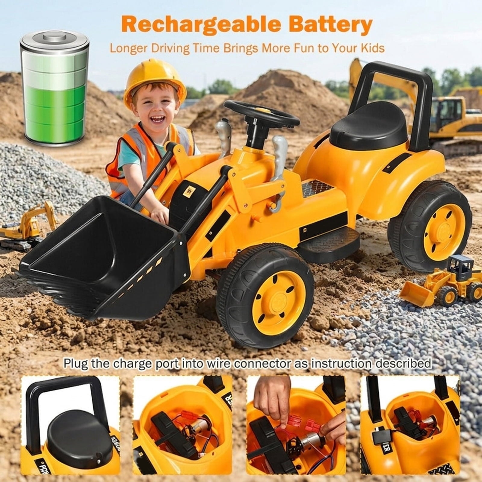 Redsmile 6V Kids Ride On Excavator Digger with Working Bucket, Lifting Arms, Horn, Battery Powered Tractor Construction Toy with Wide Seat, Yellow Black