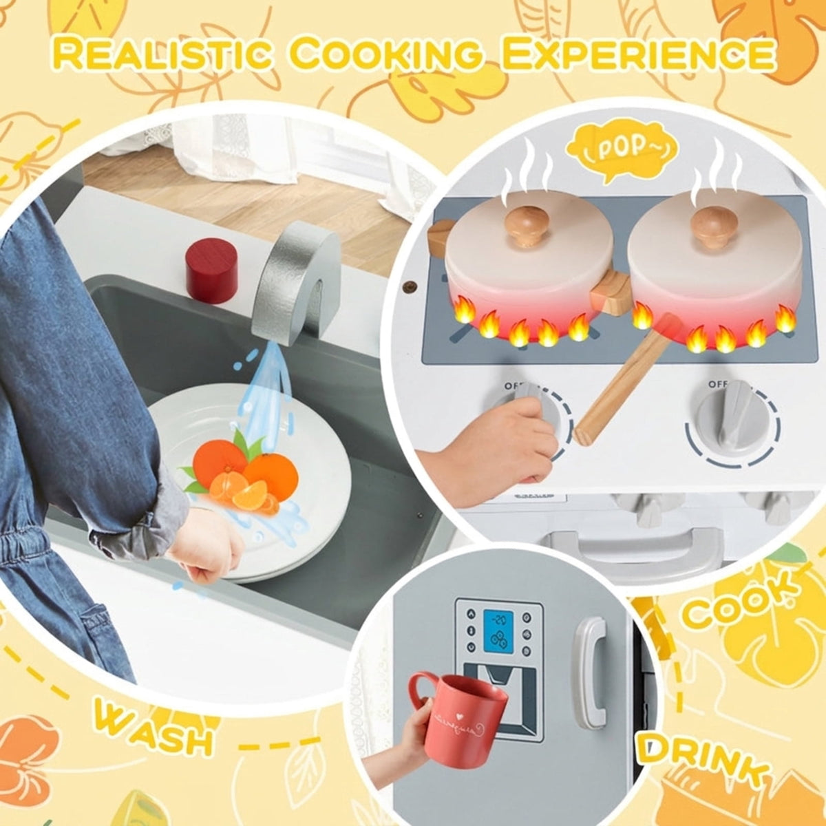 Redsmile Wooden Play Kitchen with Simulated Sounds, Kids Pretend Cooking Set with Stovetop and Storage, Toddler Kitchen Toy, Multicolor