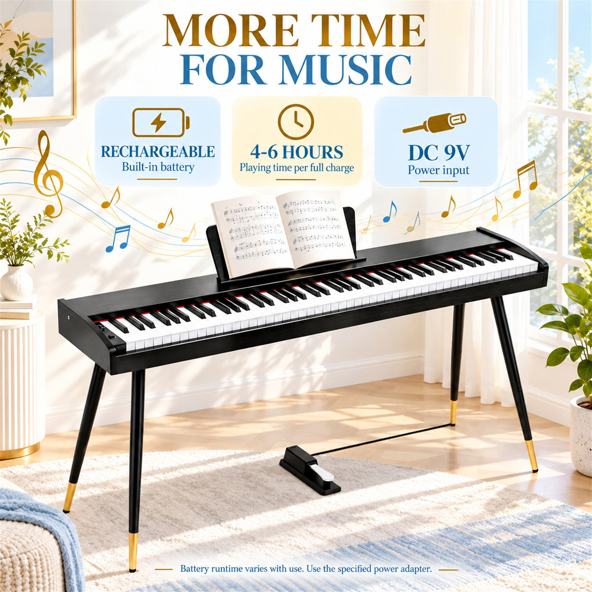 Redsmile Piano Keyboard 88 Keys, Electric Piano with Metal Legs and Sustain Pedal, Black