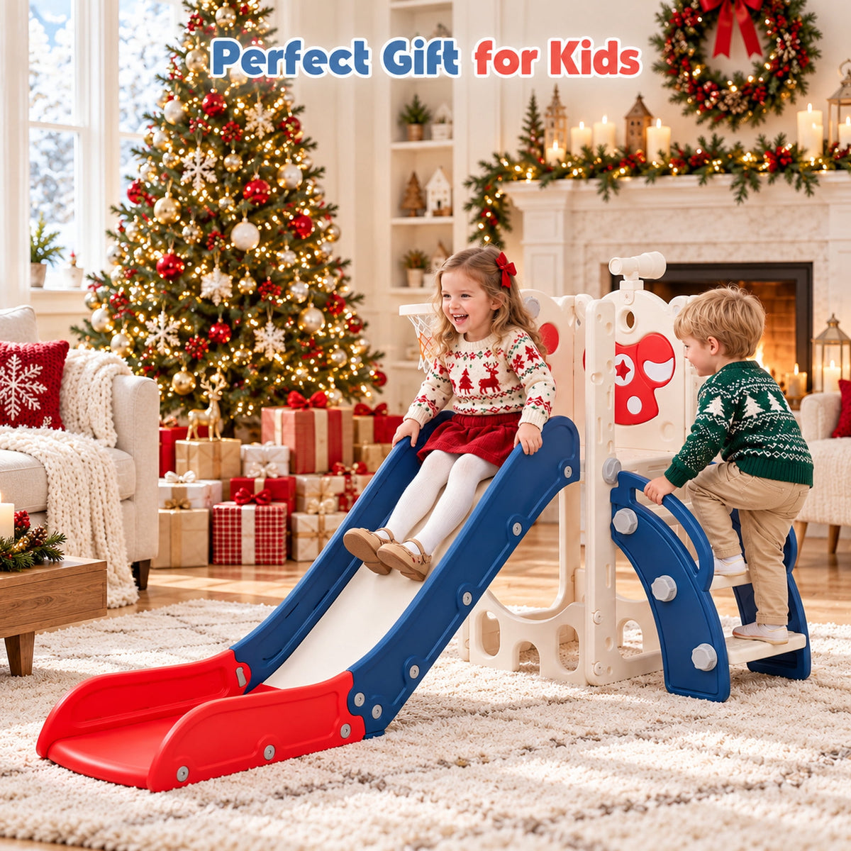 Redsmile 7-in-1 Toddler Slide and Climber Set with Basketball Hoop, Golf Set and Telescope, Foldable Indoor Outdoor Kids Slide Playset for Backyard and Playroom