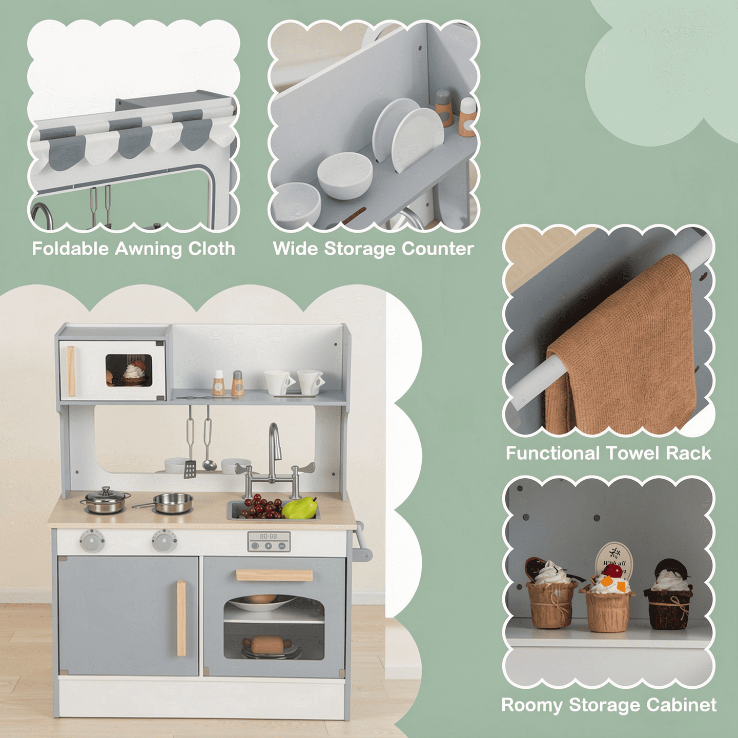 Redsmile Double-sided Pretend Play Kitchen,Wooden Kids Kitchen Playset with 2-Seat Cafe,Microwave,Oven,with Realistic Lights and Sounds,Gift for Girls Boys Ages 3-10,Gray