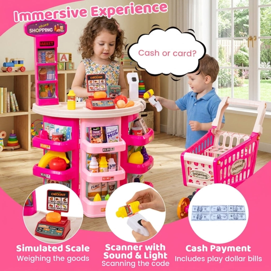Redsmile Supermarket Playset for Kids 76 PCS Pretend Play Grocery Store Set with Shopping Cart, Pink