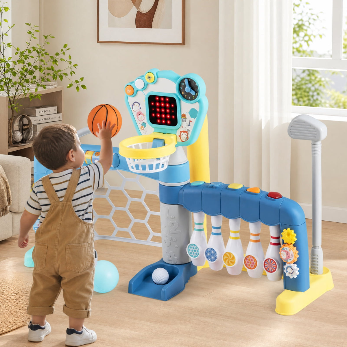 Redsmile 5-in-1 Toddler Sports Toy with Adjustable Basketball Hoop, Baby Sports Center with Soccer Golf Baseball Bowling for Baby Boys Girls 18 Months+, Lights Music, Multicolor