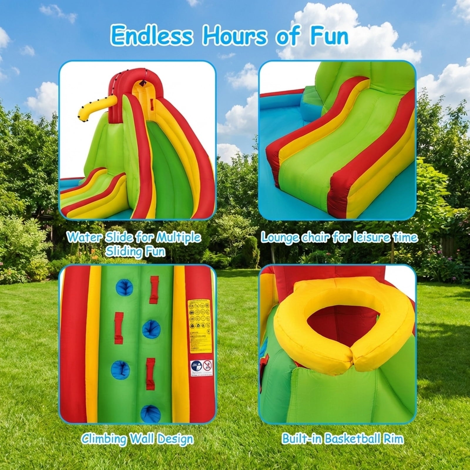 Redsmile Kid's Inflatable Water Slide Bounce House with Climbing Wall and Pool Without Blower - Multicolor