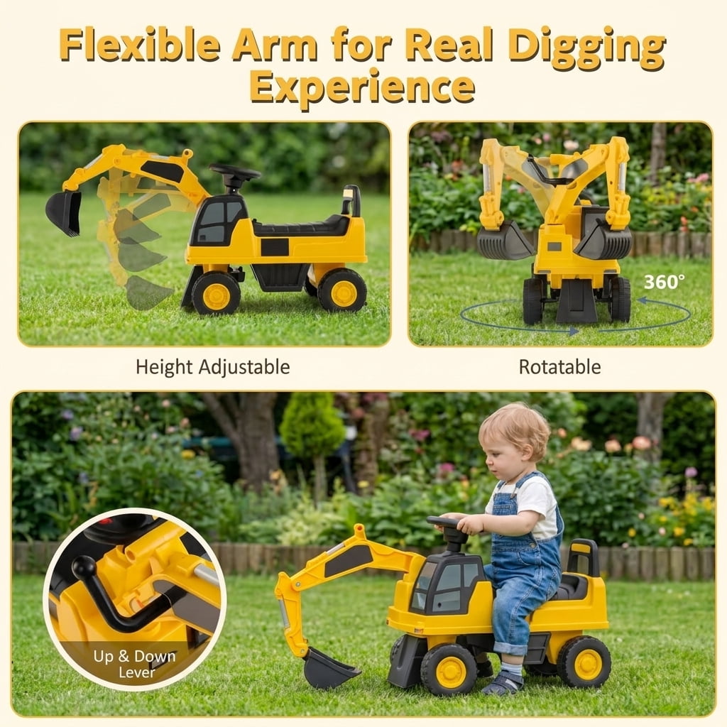 Redsmile Kids Ride On Digger Excavator Toy for Toddlers, Licensed CAT Sit-On Construction Vehicle with Working Shovel Arm, Foot-to-Floor Push Ride-On, Holds 55 lbs, Yellow