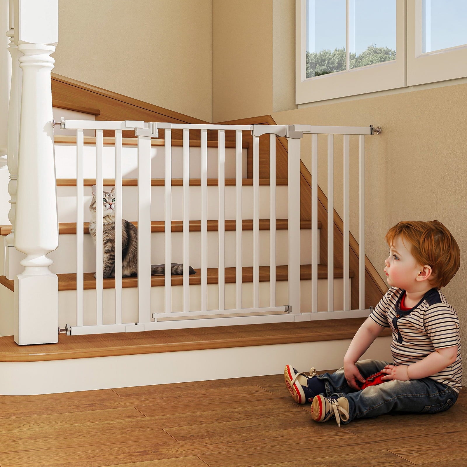 Redsmile 30in-50in Baby Gates for Doorway, Auto Close Pet Gate, Gifts for Mom, Easy Install Pressure Mounted Dog Door, White