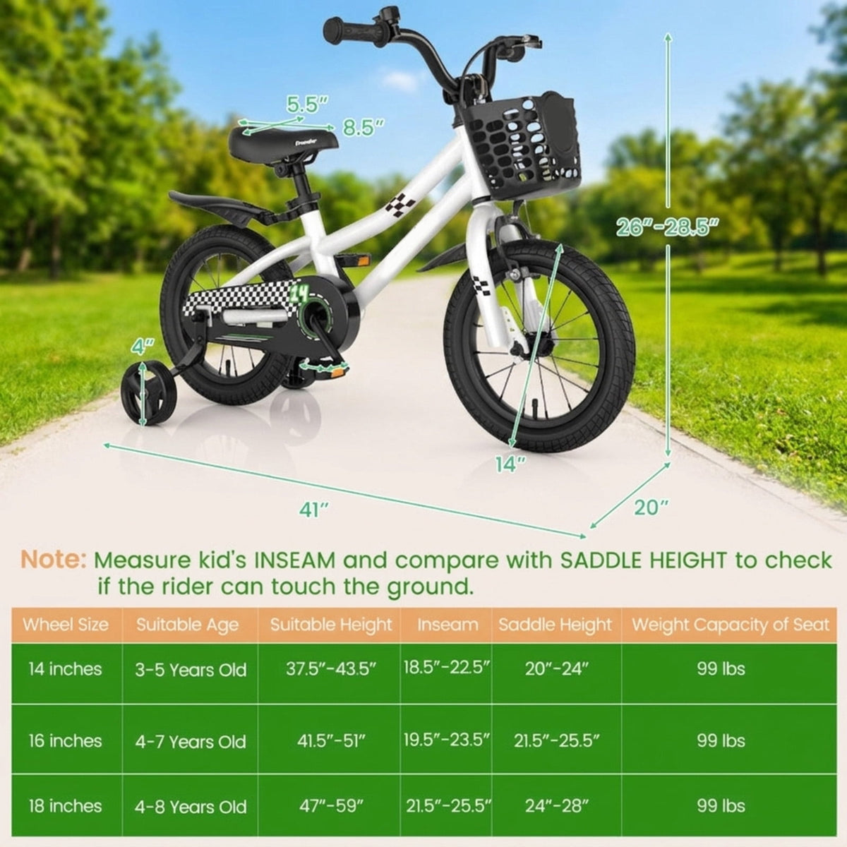 Redsmile 14 Inch Kids Bike for 3-5 Years Old, Kids Bike with Training Wheels and Basket, Toddler Bicycle with Hand Brake and Coaster Brake, Adjustable Seat for Boys Girls, Black and White