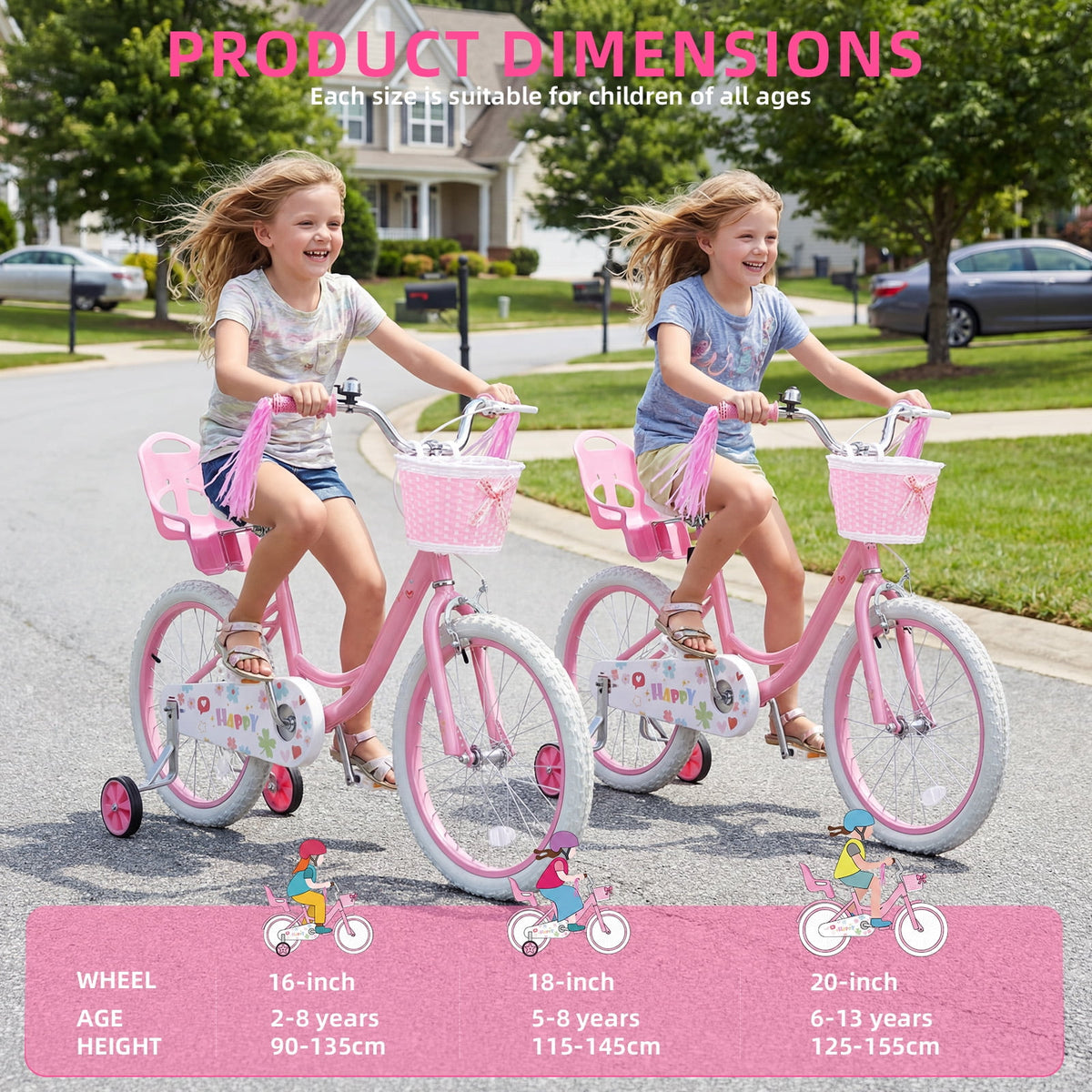 Redsmile 16 Inch Girls Bike for 2-8 Years Old Kids, Kids Bicycle with Training Wheels, Basket and Doll Seat, Pink