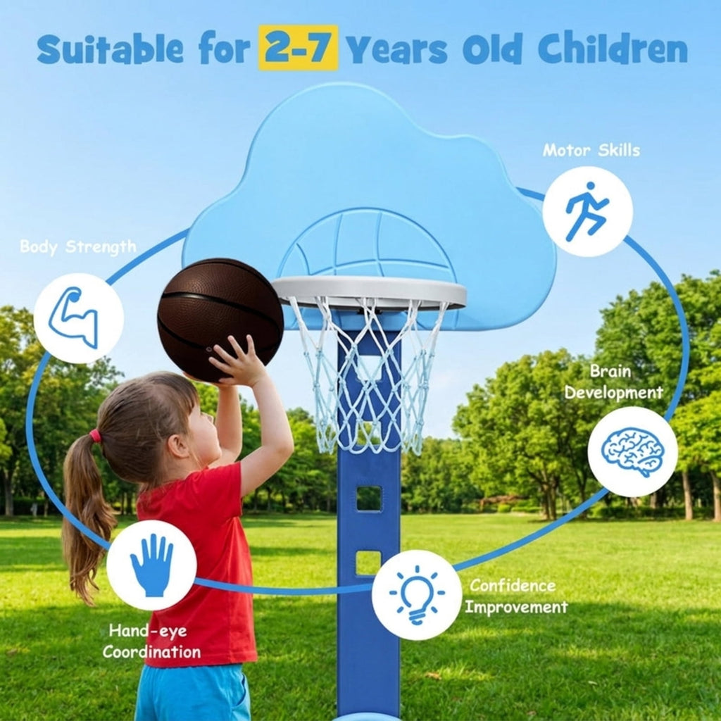 Redsmile Kids Basketball Hoop Set, 3-in-1 Sports Set with Basketball Soccer and Golf, Adjustable Height Toddler Sports Toy, Blue