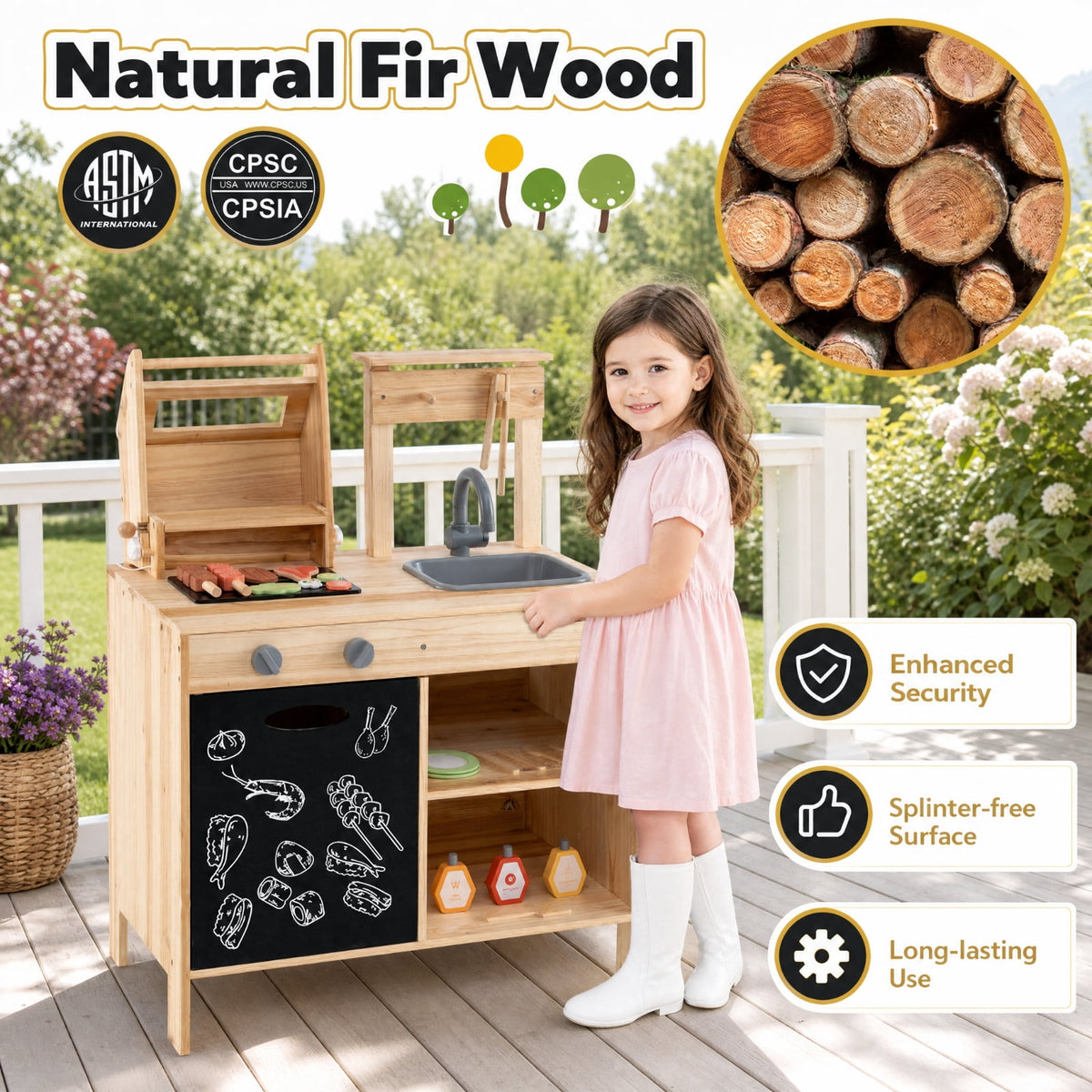 Redsmile Wooden BBQ Grill Playset for Kids with Chalkboard Sink and Cabinet, Pretend Play Barbecue Kitchen Set with 25 Accessories Grilling Tools and Play Food, Toddler Playset, Natural