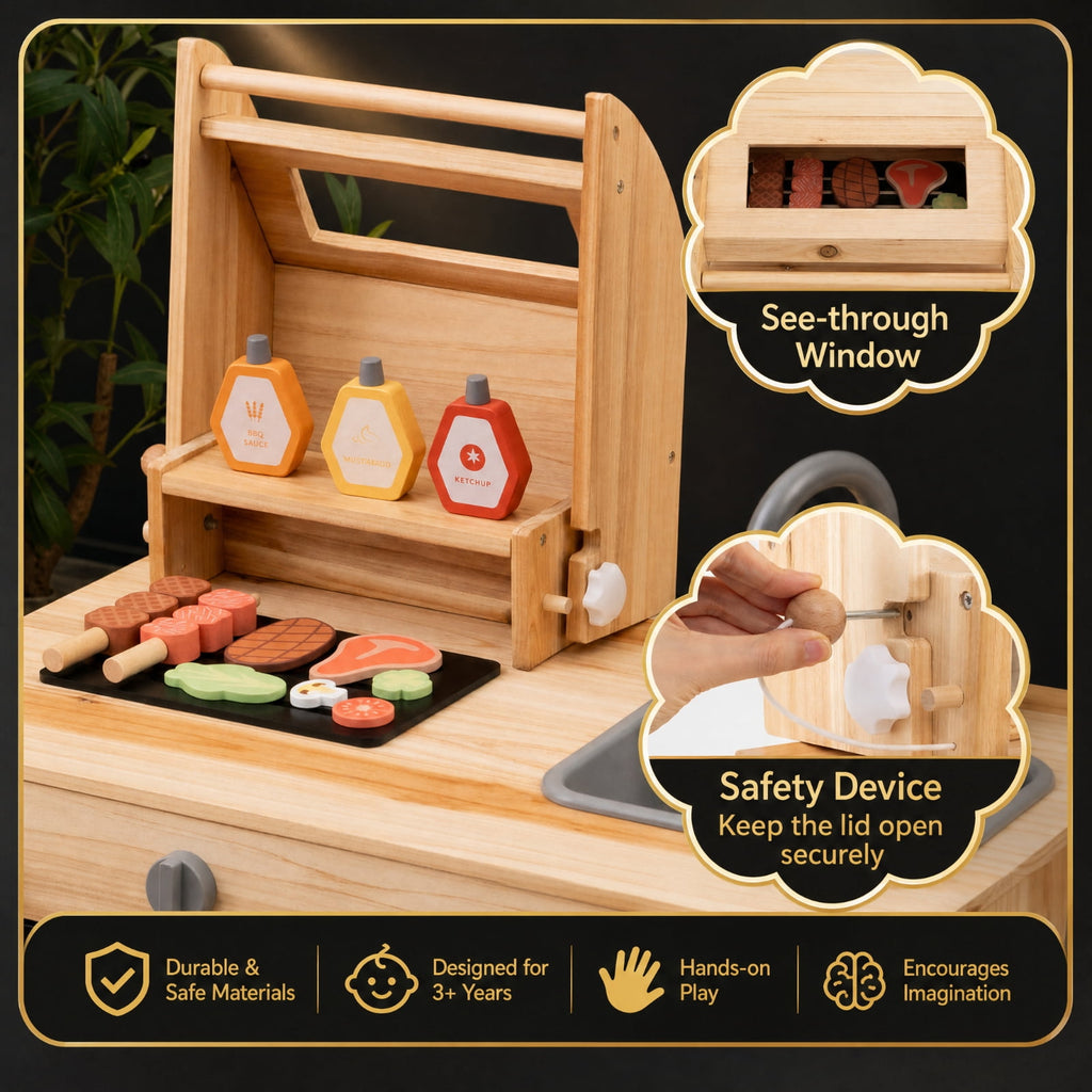 Redsmile Wooden BBQ Grill Playset for Kids with Chalkboard Sink and Cabinet, Pretend Play Barbecue Kitchen Set with 25 Accessories Grilling Tools and Play Food, Toddler Playset, Natural