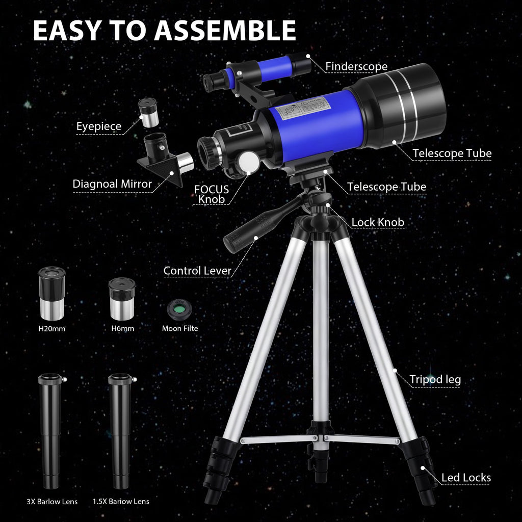 Redsmile Telescope for Kids Adults Beginners70mm Aperture 300mm Refractor Telescope with Tripod Phone Adapter and Barlow Lens20x to 150x Magnification for AstronomyBlue