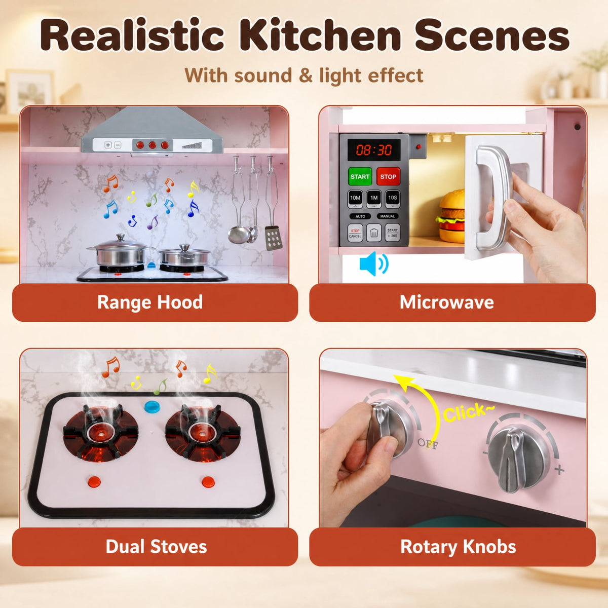 Redsmile Kids Corner Play Kitchen Set for Toddlers 3+ Years, Pretend Play Kitchen with Separated Washing Basin, Rotary Faucet, Sound and Light Range Hood, Chalkboard and 14 Accessories, Pink