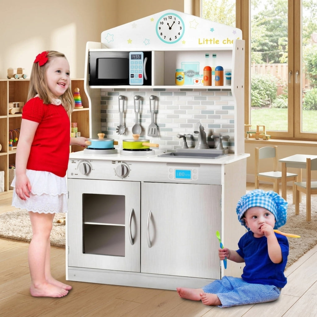 Redsmile Wooden Play Kitchen for Kids, Pretend Cooking Playset with Cookware Accessories, Toddler Kitchen Toy, Beige
