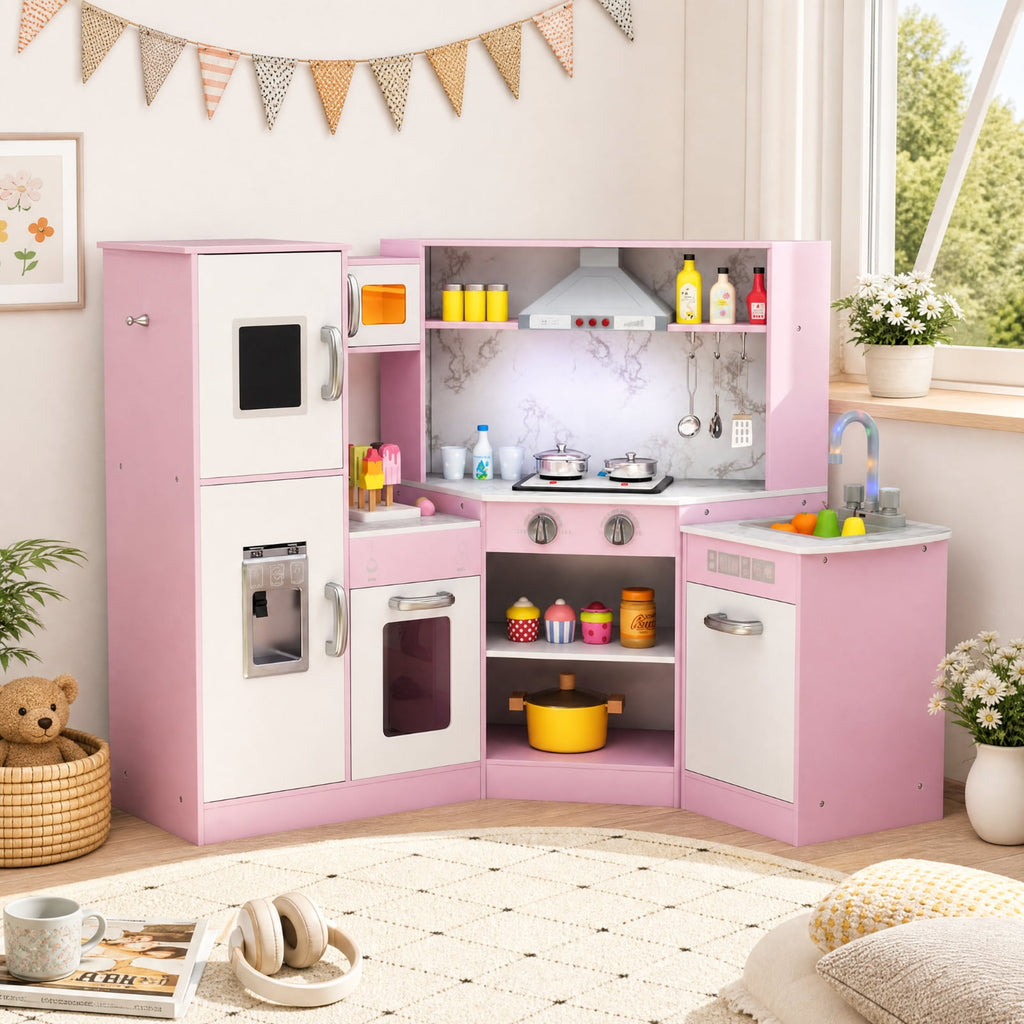 Redsmile Kids Corner Play Kitchen Set for Toddlers 3+ Years, Pretend Play Kitchen with Separated Washing Basin, Rotary Faucet, Sound and Light Range Hood, Chalkboard and 14 Accessories, Pink