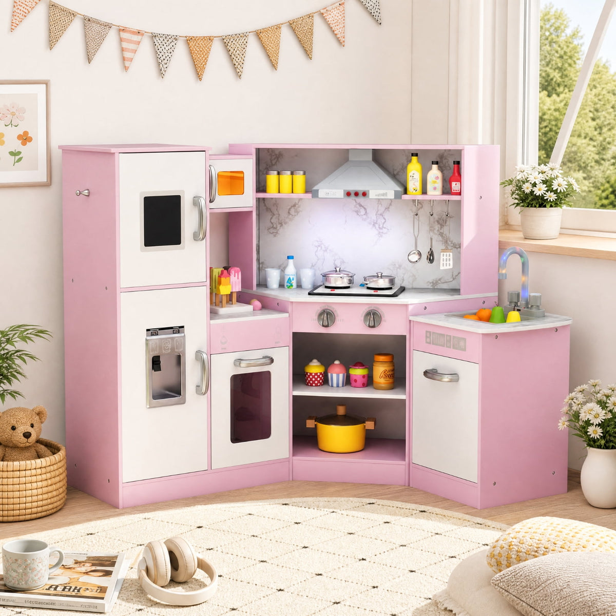 Redsmile Kids Corner Play Kitchen Set for Toddlers 3+ Years, Pretend Play Kitchen with Separated Washing Basin, Rotary Faucet, Sound and Light Range Hood, Chalkboard and 14 Accessories, Pink