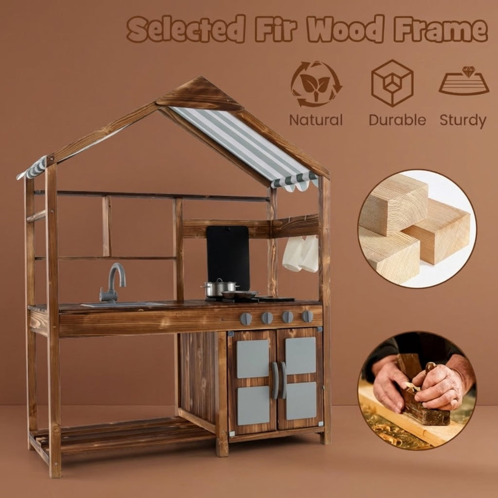 Redsmile Mud Kitchen for Kids Outdoor, Solid Fir Wood Play Kitchen with Canopy Sink Faucet 4 Stoves and Chalkboard, Toddler Outdoor Playset for Backyard Garden, Ages 3-7, Natural