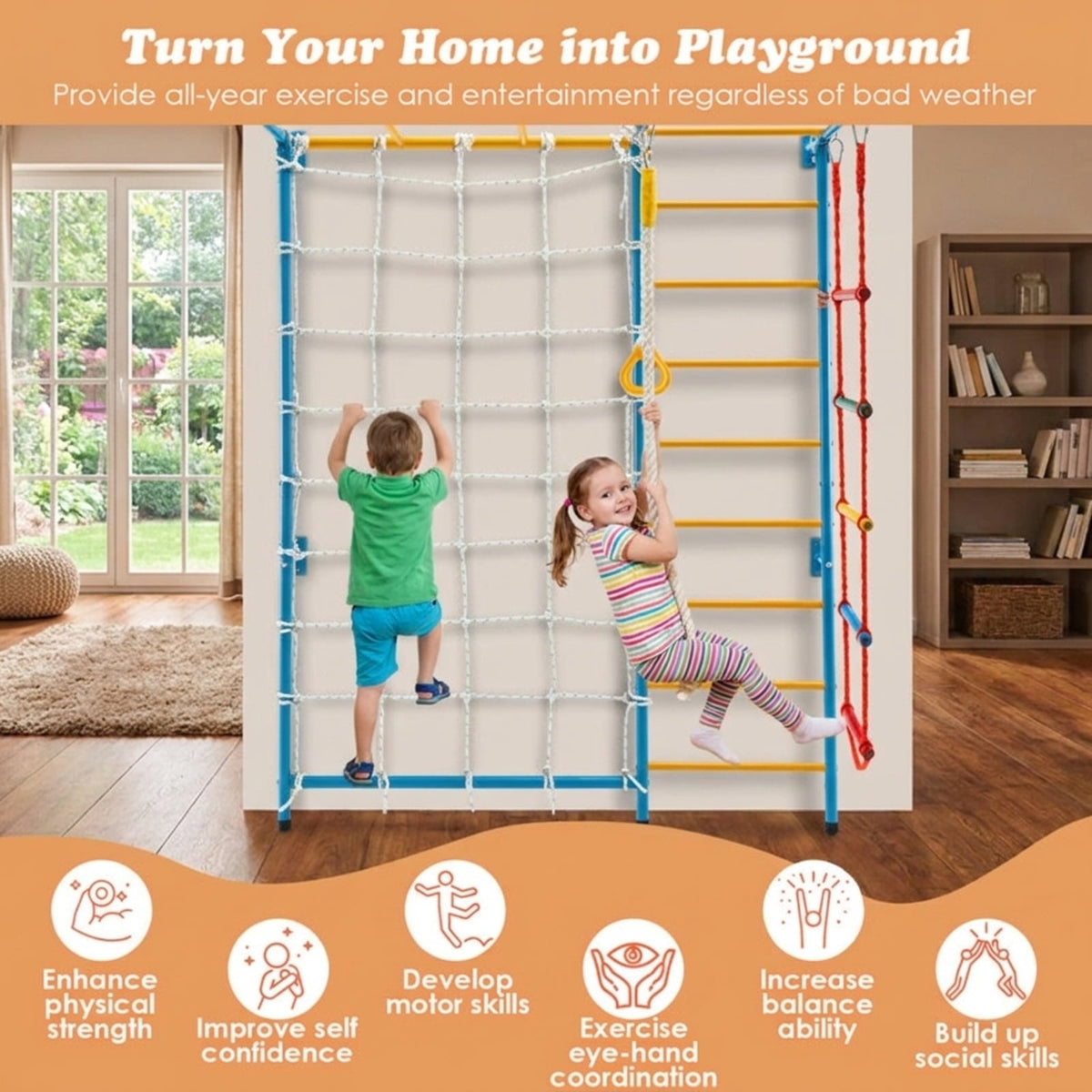 Redsmile Indoor Gym for Kids, 7-in-1 Swedish Wall Climbing Set with Pull-Up Bar and Ladder, Wall-Mounted Home Playground, Yellow