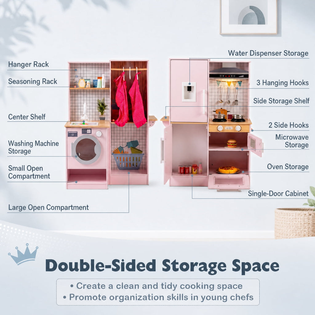 Redsmile Dual-Sided Kids Play Kitchen Set for Toddlers 3+ Years, Pretend Play Kitchen with Luminous Range Hood, Water Dispenser, Interactive Stove and Cooking Utensils, Christmas Gift, Pink