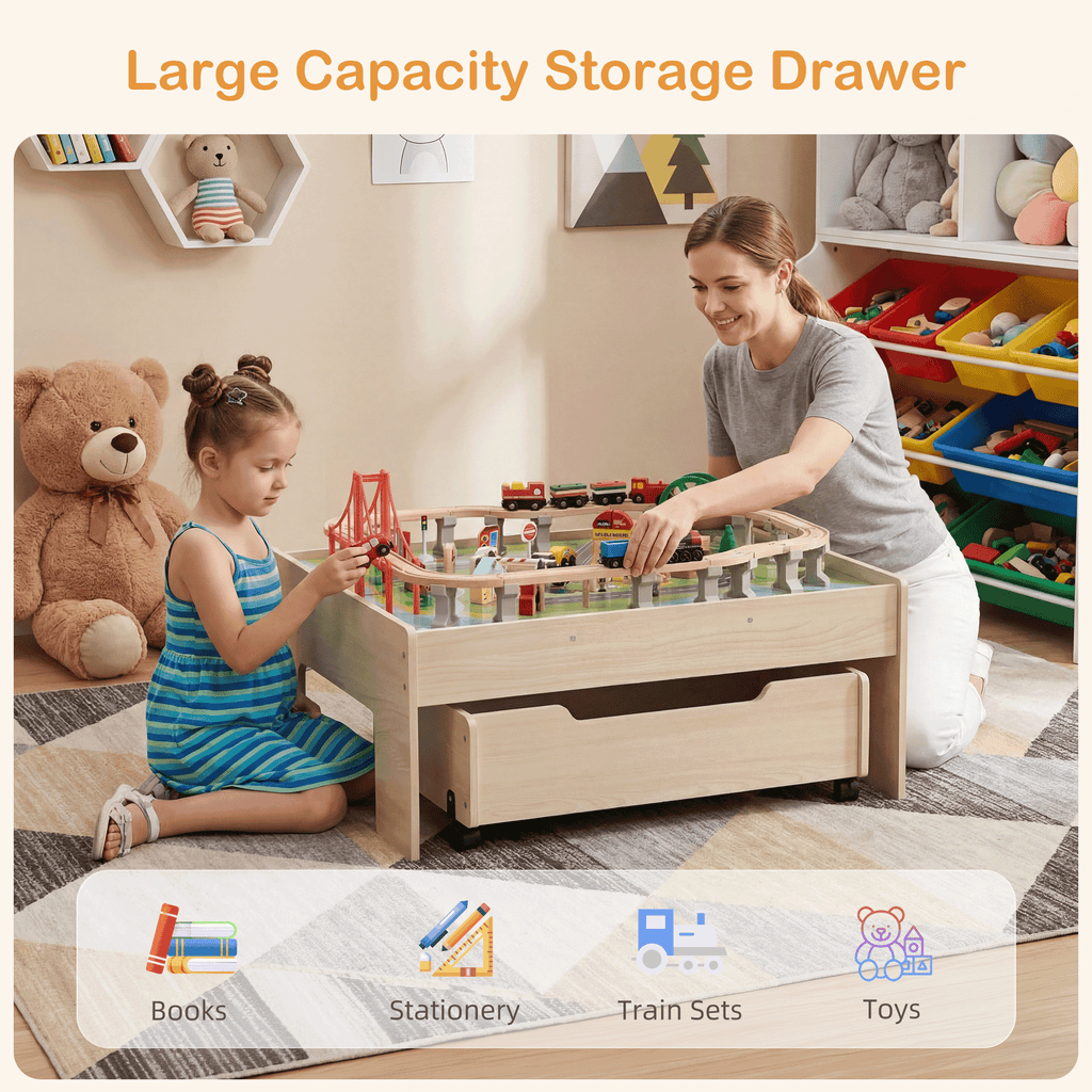 Redsmile Train Table with Electric Train,100 Pcs Multicolor Wooden Kids Activity Table with Rolling Storage Drawer for Gaming, Drawing, Reading,Creative Toy Set for Boys and Girls