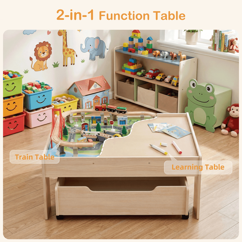 Redsmile Train Table with Electric Train,100 Pcs Multicolor Wooden Kids Activity Table with Rolling Storage Drawer for Gaming, Drawing, Reading,Creative Toy Set for Boys and Girls